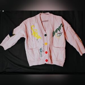 Pink Embroidered Button-Up Cardigan with Colorful Buttons